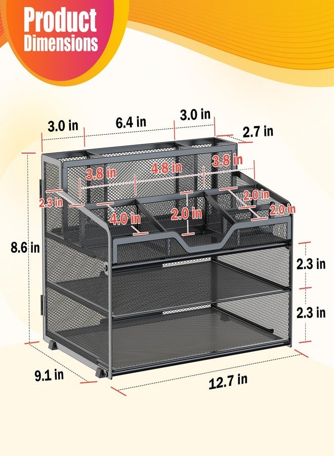 Docnest 3 Tier Mesh Desk Organizer for Paper Office Supplies – Multi-Functional Letter Tray with 5 Adjustable Compartments, 3 Pen Holders, Desktop Storage for Files, Mail, Stationery – Black - Image 3