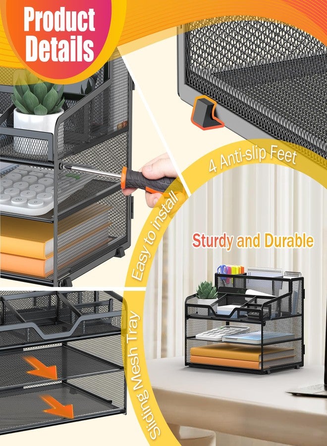 Docnest 3 Tier Mesh Desk Organizer for Paper Office Supplies – Multi-Functional Letter Tray with 5 Adjustable Compartments, 3 Pen Holders, Desktop Storage for Files, Mail, Stationery – Black - Image 5