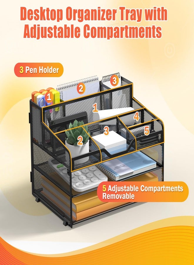 Docnest 3 Tier Mesh Desk Organizer for Paper Office Supplies – Multi-Functional Letter Tray with 5 Adjustable Compartments, 3 Pen Holders, Desktop Storage for Files, Mail, Stationery – Black - Image 4