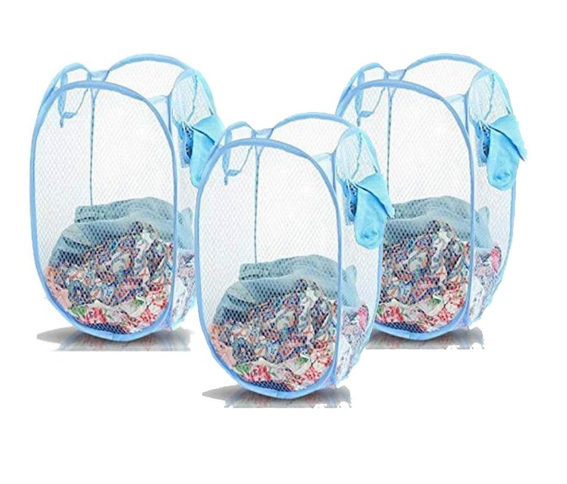 Kitchwish Nylon Mesh Laundry Basket 20 Ltr Sky Blue Pack of 3 - Image 1