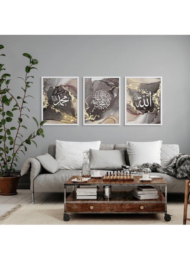 Art Decor Framed Fine Art Set of 3 Islamic Quranic Calligraphy Art Spiritual Print Religious Portrait Grey Ink Wall Décor for Home Bedroom Living Room Office Gifting - Image 3