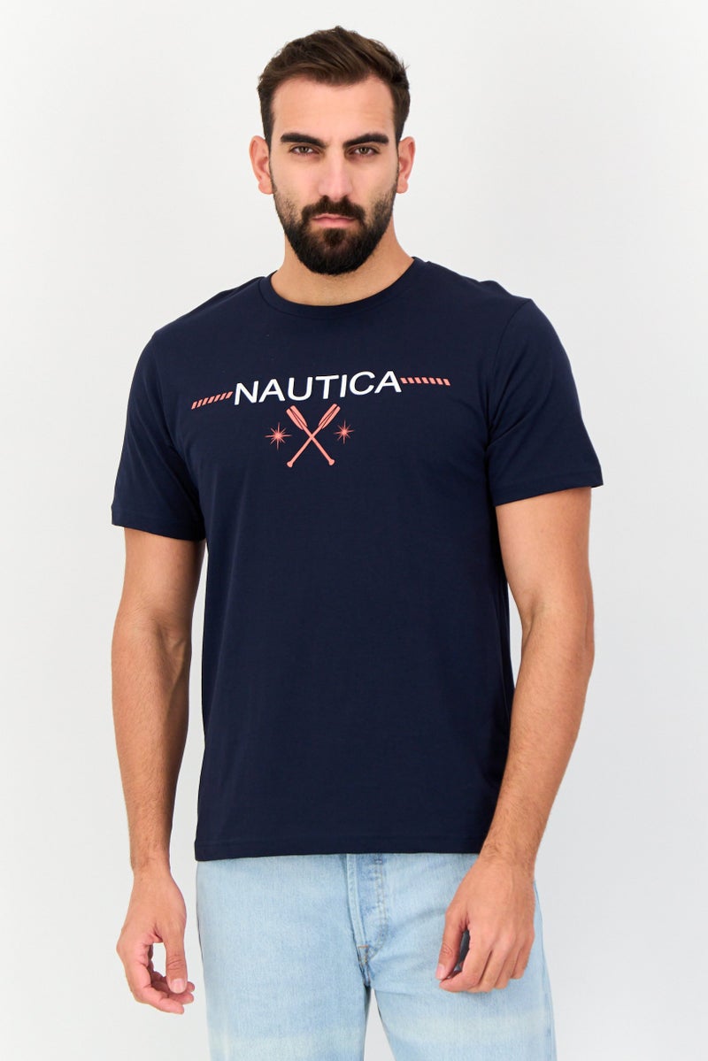 NAUTICA Men Crew Neck Short Sleeves Brand Logo Print T-Shirt, Navy - Image 1