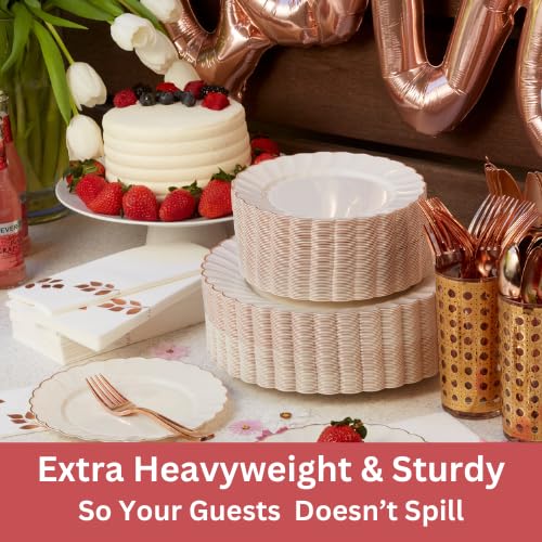 By Madee HEAVYWEIGHT 100 Pc Fancy Plastic Plates for Thanksgiving Dinner – Ivory Scalloped Plates with Rose Gold Trim 50 Dinner & 50 Dessert Disposable for Fall Party & Friendsgiving (50 Guests) - Image 4