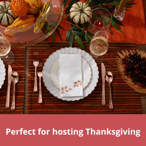 By Madee HEAVYWEIGHT 100 Pc Fancy Plastic Plates for Thanksgiving Dinner – Ivory Scalloped Plates with Rose Gold Trim 50 Dinner & 50 Dessert Disposable for Fall Party & Friendsgiving (50 Guests) - Image 5
