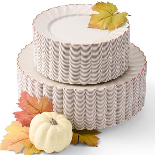 By Madee HEAVYWEIGHT 100 Pc Fancy Plastic Plates for Thanksgiving Dinner – Ivory Scalloped Plates with Rose Gold Trim 50 Dinner & 50 Dessert Disposable for Fall Party & Friendsgiving (50 Guests) - Image 1
