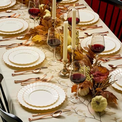By Madee HEAVYWEIGHT 100 Pc Fancy Plastic Plates for Thanksgiving Dinner – Ivory Scalloped Plates with Rose Gold Trim 50 Dinner & 50 Dessert Disposable for Fall Party & Friendsgiving (50 Guests) - Image 2