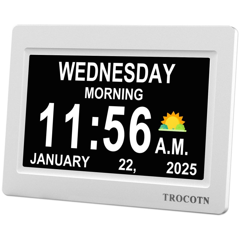 TROCOTN Dementia Clocks Large Display Calendar Alarm Clock with Auto DST for Seniors 5 Display Modes Large Font Digital Clock with Custom Alarms Day Date Clocks 7 Inch White