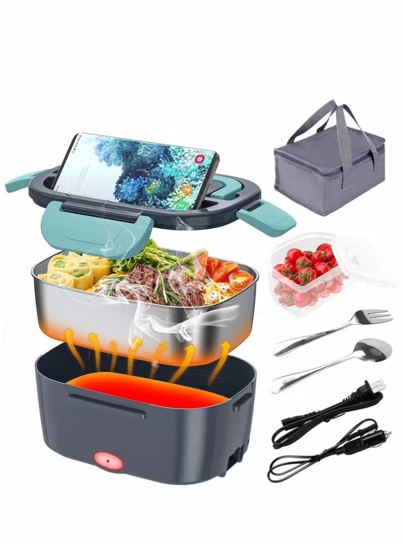 Arabest صندوق غداء كهربائي، سخان طعام 60 واط، صندوق بنتو 3 في 1 محمول، صندوق مسخن مقاوم للتسرب للبالغين، 12 فولت 24 فولت 220 فولت تسخين ميكروويف للسيارة والمنزل مع حاوية فولاذية مقاومة للصدأ قابلة للإزالة سعة 1.5 لتر - Image 1