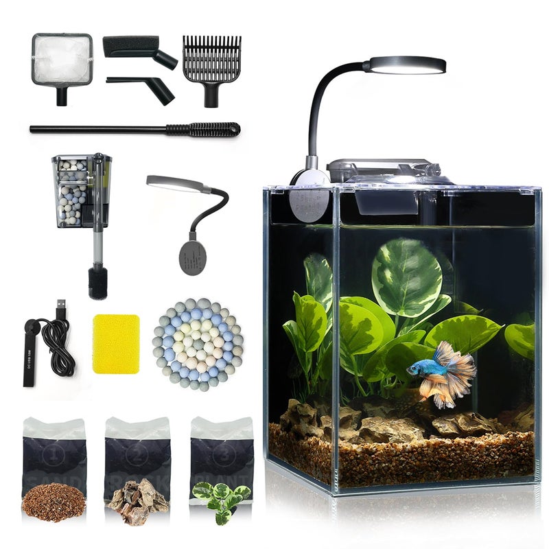 Wonderfactory Desktop Small Aquarium Set Glass Fish Tank 1.25 Gallon, Heater Water Pump Filter Bright LED Light Gravel Cleaning Tool, Starter Kit Small Space Easy Setup Space-Saving Design Betta Shrimp - Image 1