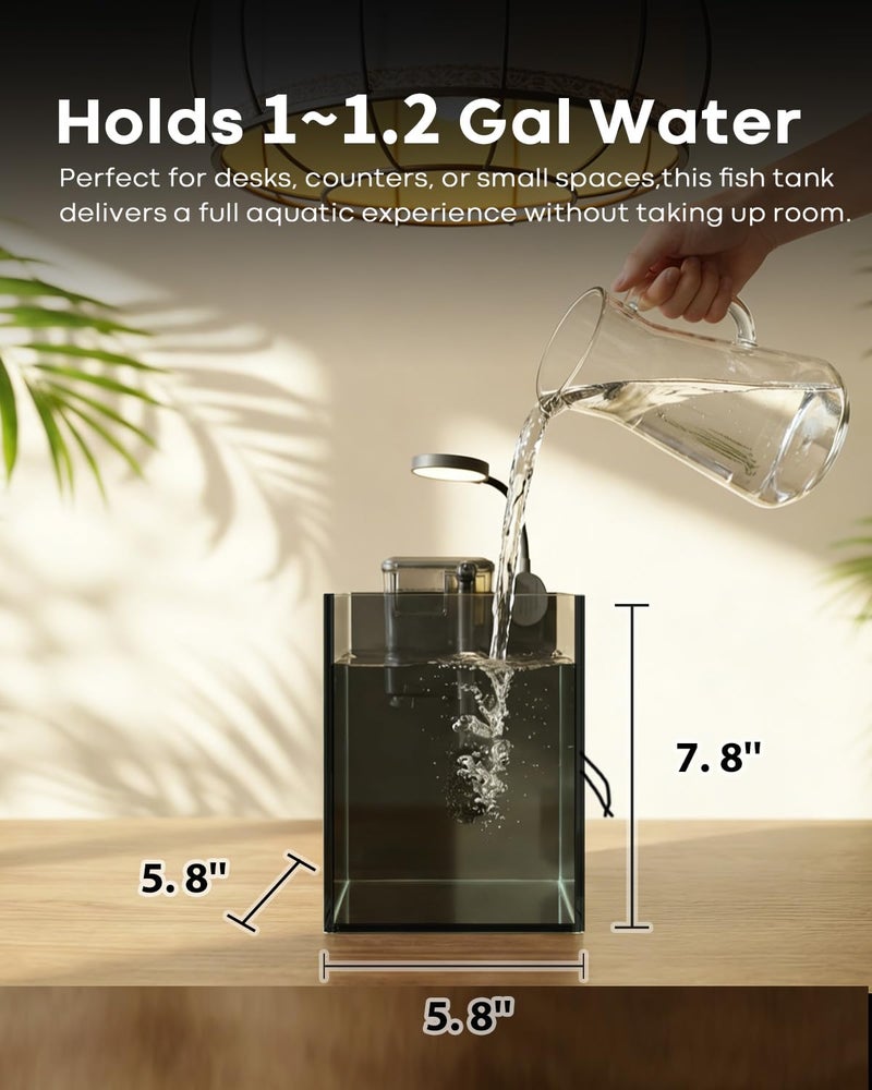 Wonderfactory Desktop Small Aquarium Set Glass Fish Tank 1.25 Gallon, Heater Water Pump Filter Bright LED Light Gravel Cleaning Tool, Starter Kit Small Space Easy Setup Space-Saving Design Betta Shrimp - Image 3