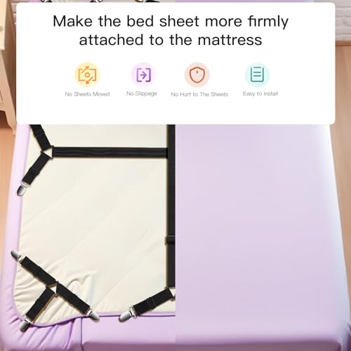 EasYoung 12PCS Bed Sheet Straps, Secure & Adjustable Fitted Sheet Holders for Full, Queen, King & More, Heavy Duty Nylon & Metal Clips - Image 2