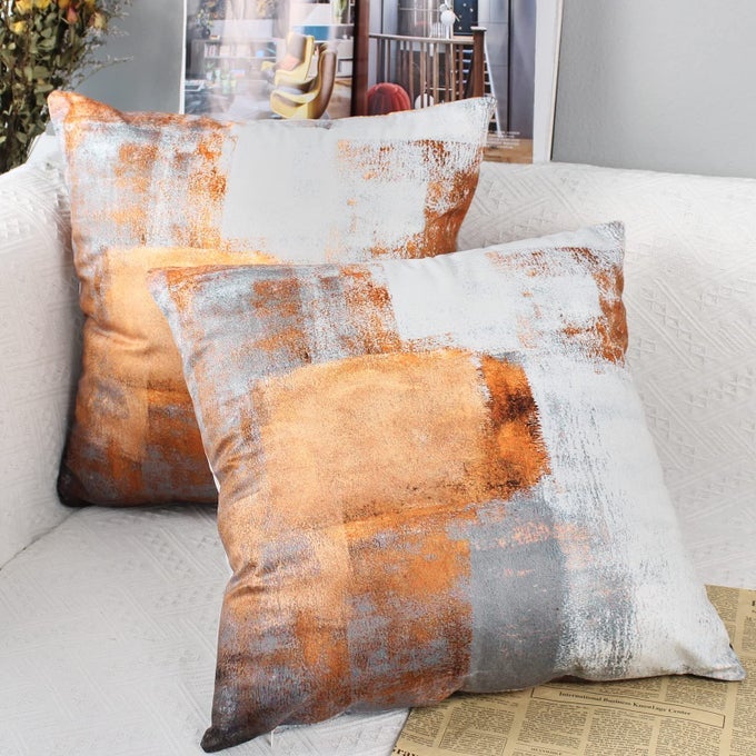 SET OF 2 DECORATIVE VELVET CUSHION COVERS 40 X 40 CM ABSTRACT ART DECOR PILLOW CASE ORANGE WHITE CUSHION COVER 16X16 INCHES FOR OUTDOOR PATIO GARDEN BLENCH LIVING ROOM SOFA FARMHOUSE DECOR