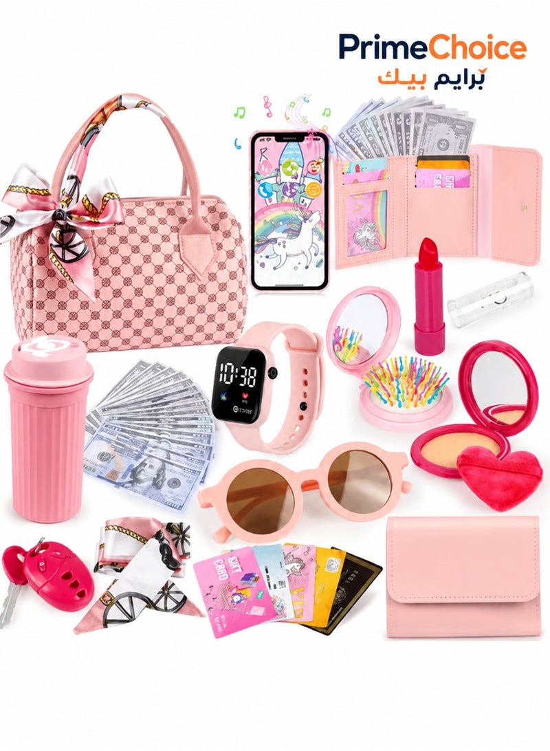 Prime Choice Play Purse for Little Girls, 31PCS Toddler Purse with Pretend Makeup for Kids, Princess Toys Includes Handbag, Phone, Wristwatch, Silk Scarf Kids Toy Purse Birthday Gift for Girls 3 4 5 6 + - Image 1