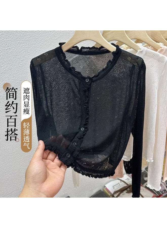 Modal Sweet Princess Style Knitted Cardigan Women Summer Lace Long Sleeve Open Front Korean Style Ruffle Lightweight Breathable Top - Image 2