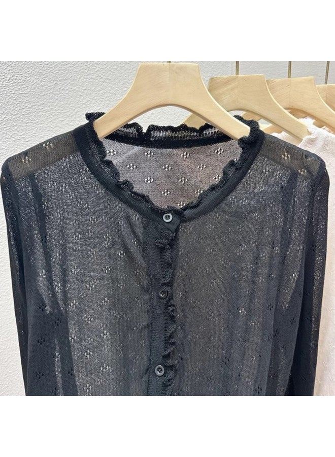 Modal Sweet Princess Style Knitted Cardigan Women Summer Lace Long Sleeve Open Front Korean Style Ruffle Lightweight Breathable Top - Image 5