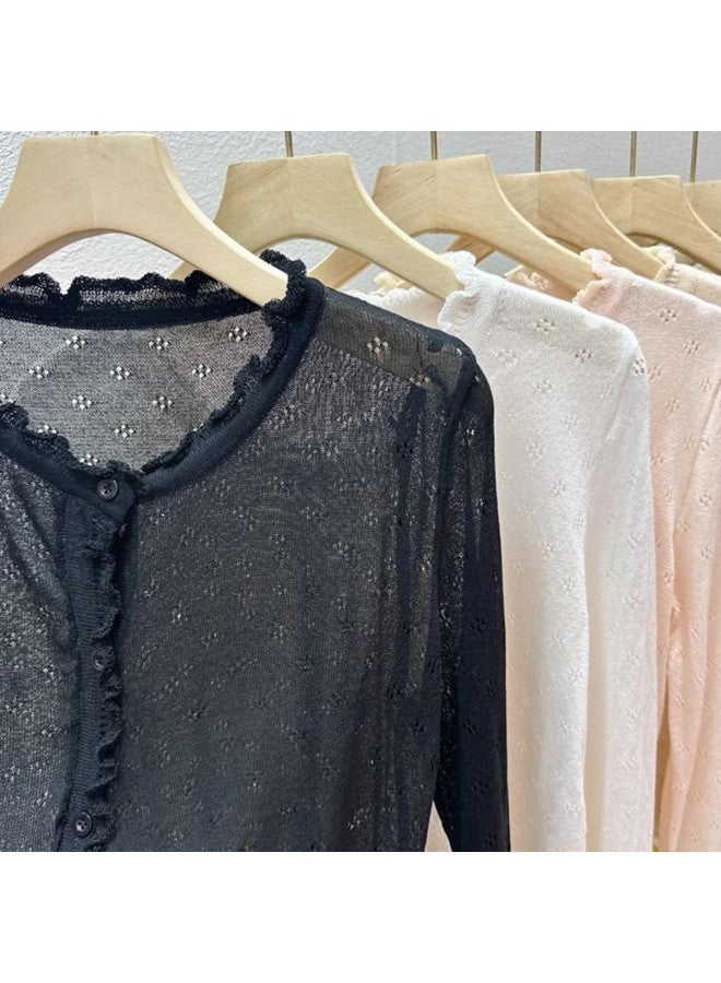 Modal Sweet Princess Style Knitted Cardigan Women Summer Lace Long Sleeve Open Front Korean Style Ruffle Lightweight Breathable Top - Image 4