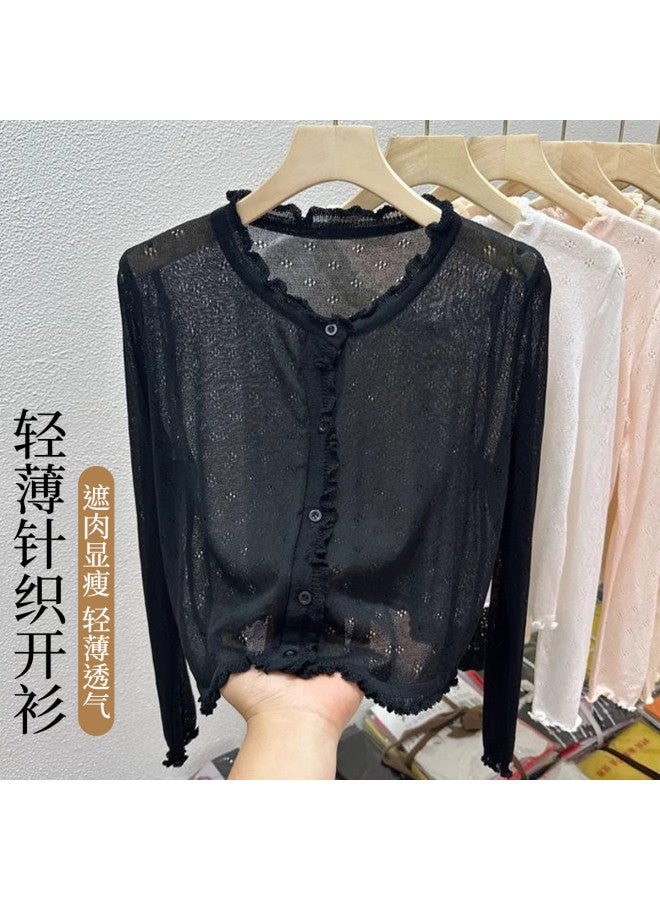 Modal Sweet Princess Style Knitted Cardigan Women Summer Lace Long Sleeve Open Front Korean Style Ruffle Lightweight Breathable Top - Image 3