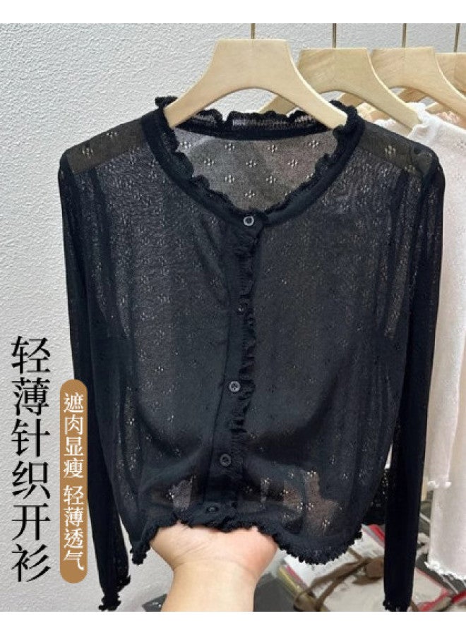 Modal Sweet Princess Style Knitted Cardigan Women Summer Lace Long Sleeve Open Front Korean Style Ruffle Lightweight Breathable Top - Image 1