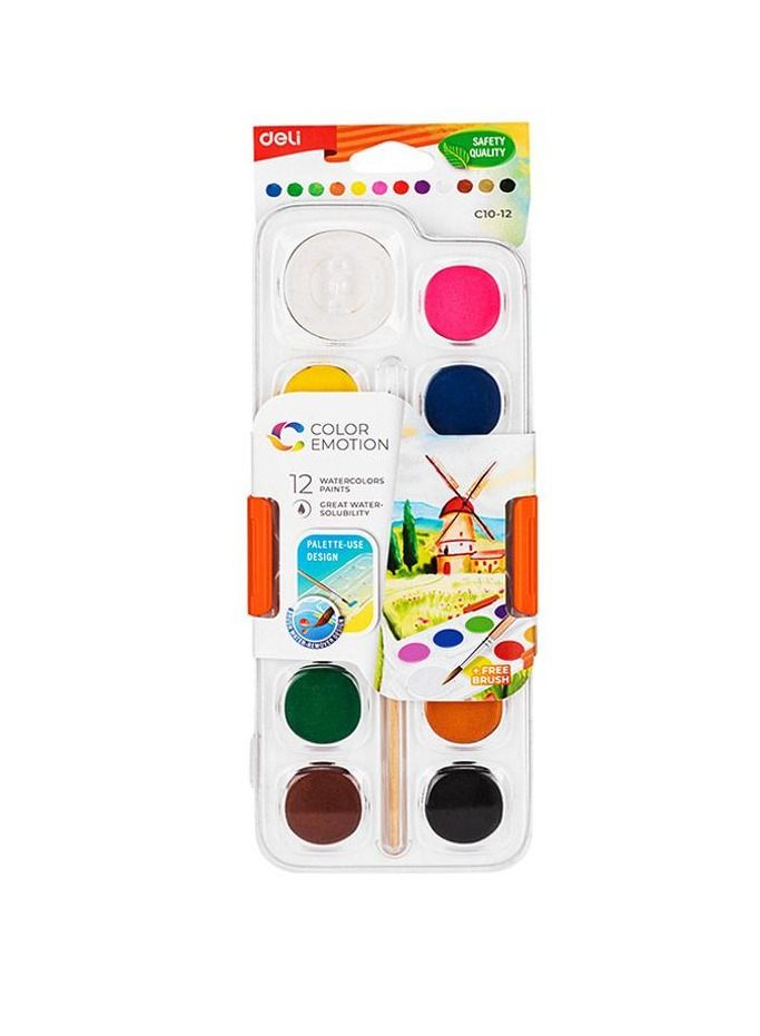 Deli 12-Colour Watercolour Set With Brush Multicolour - Image 1