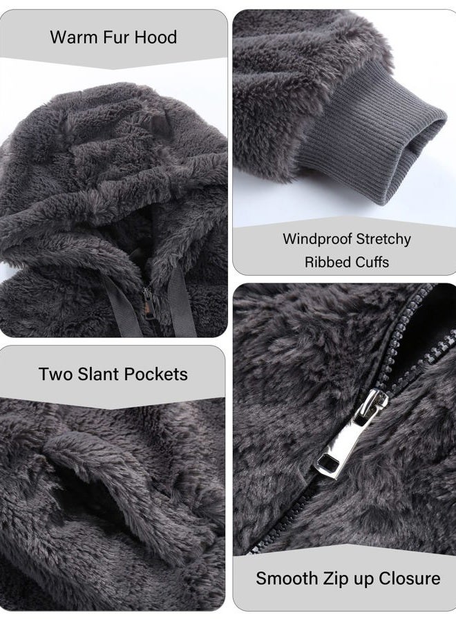 Bellivera Women's Faux Fur Coat Shearling Fluffy Fuzzy Shaggy Hood Sherpa-Lined Fleece Jacket, Gray Faux Fur, L - Image 5