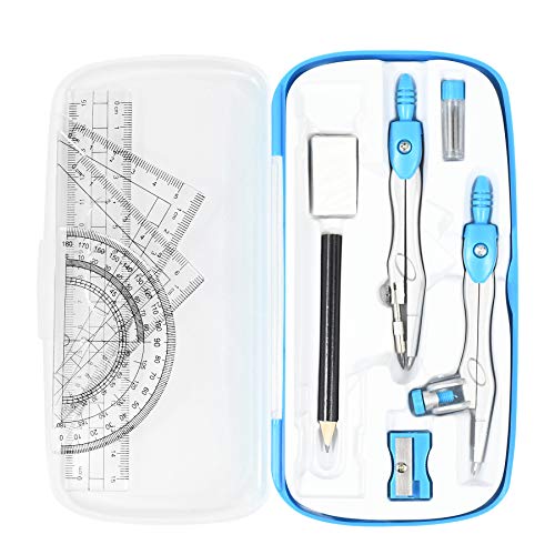 Vobou Math Geometry Kit Sets 10 Piece Student Supplies with Shatterproof Storage Box,Includes Rulers,Protractor,Compass,Eraser,Pencil Sharpener,Lead Refills,Pencil,for Drafting and Drawings（Blue） - Image 1