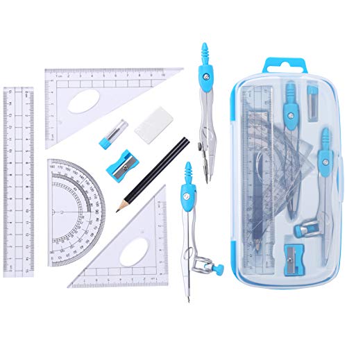 Vobou Math Geometry Kit Sets 10 Piece Student Supplies with Shatterproof Storage Box,Includes Rulers,Protractor,Compass,Eraser,Pencil Sharpener,Lead Refills,Pencil,for Drafting and Drawings（Blue） - Image 2