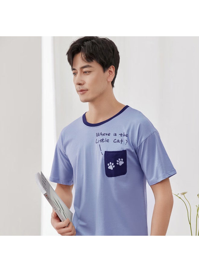 Top melon Dingguagua Dingguagua Men's Pure Cotton Spring Summer Short Sleeve Couple Wearable Homewear Set Men's Floating Blue 170 - Image 3