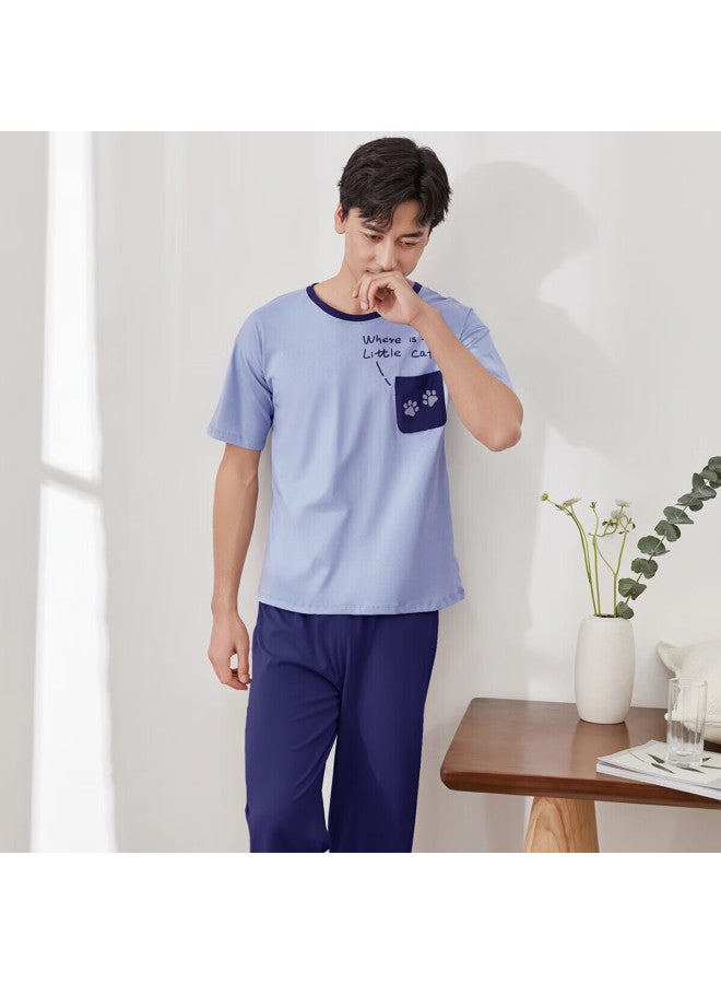 Top melon Dingguagua Dingguagua Men's Pure Cotton Spring Summer Short Sleeve Couple Wearable Homewear Set Men's Floating Blue 170 - Image 4