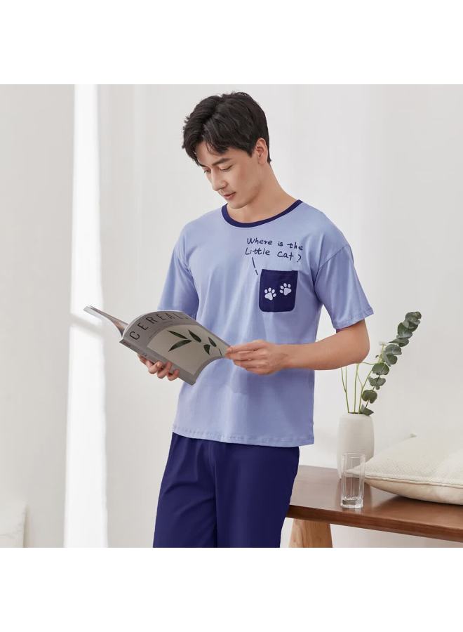 Top melon Dingguagua Dingguagua Men's Pure Cotton Spring Summer Short Sleeve Couple Wearable Homewear Set Men's Floating Blue 170 - Image 2
