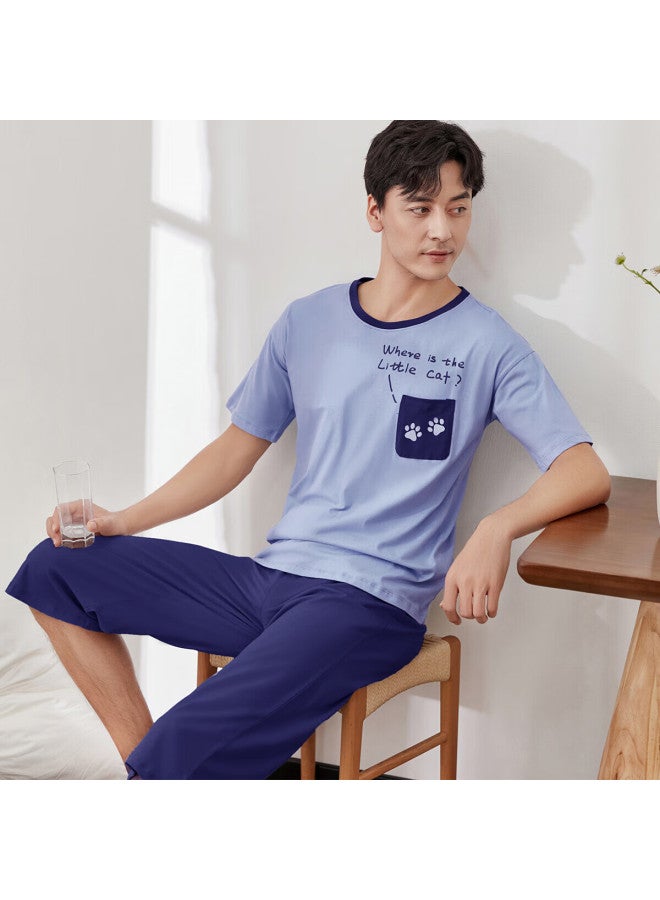 Top melon Dingguagua Dingguagua Men's Pure Cotton Spring Summer Short Sleeve Couple Wearable Homewear Set Men's Floating Blue 170 - Image 1