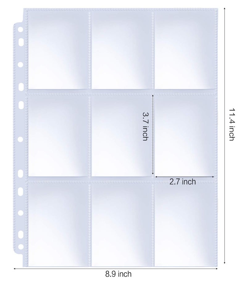 HERKKA Trading Card Sleeve Pages, 100 Pack 9 Pocket Album Pages 11 Holes Fit 3 Ring Binder - Image 2