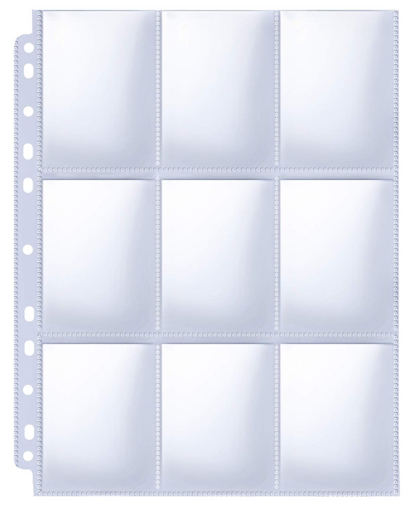 HERKKA Trading Card Sleeve Pages, 100 Pack 9 Pocket Album Pages 11 Holes Fit 3 Ring Binder - Image 1