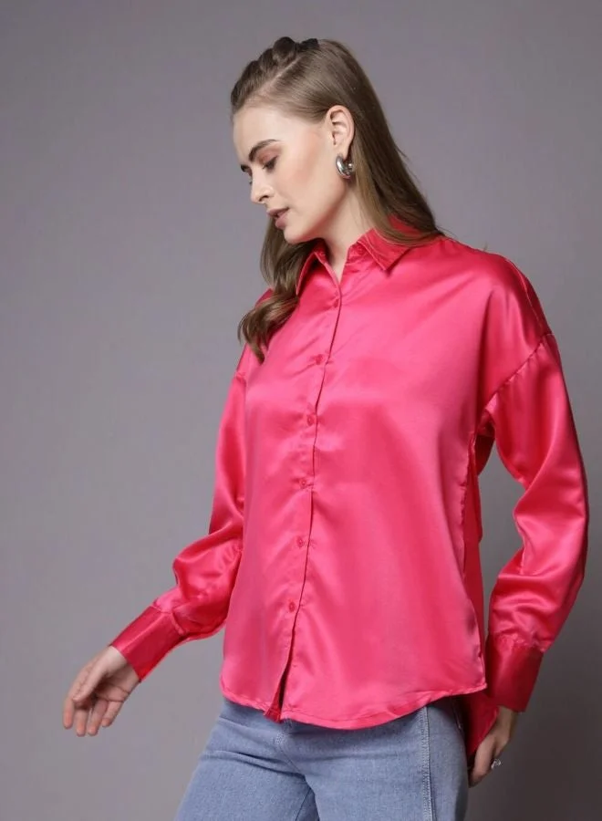 مرفوعة Women Relaxed Fit Solid Shirt Collar Long Sleeve Oversized Shirt