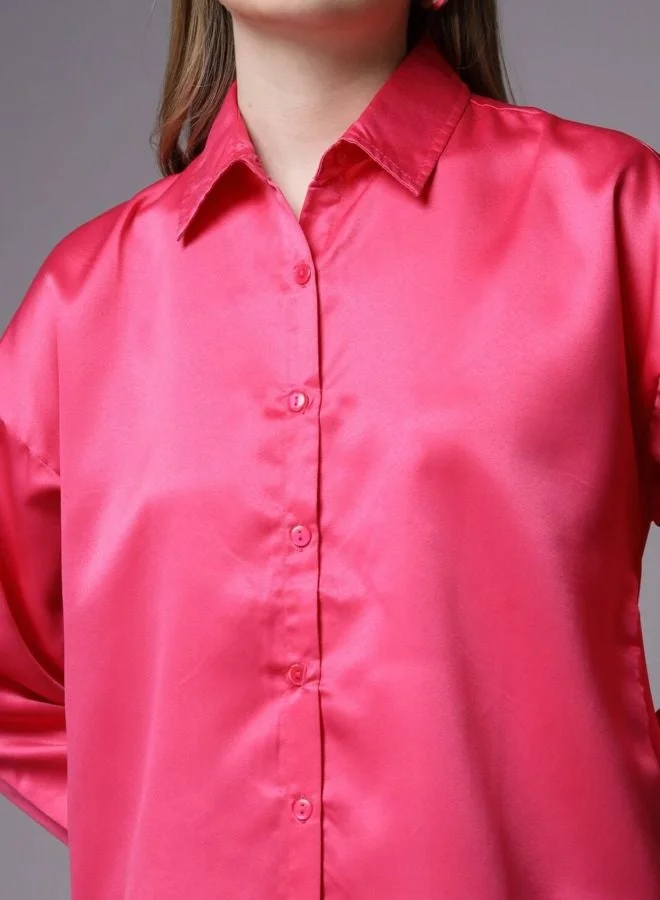 مرفوعة Women Relaxed Fit Solid Shirt Collar Long Sleeve Oversized Shirt