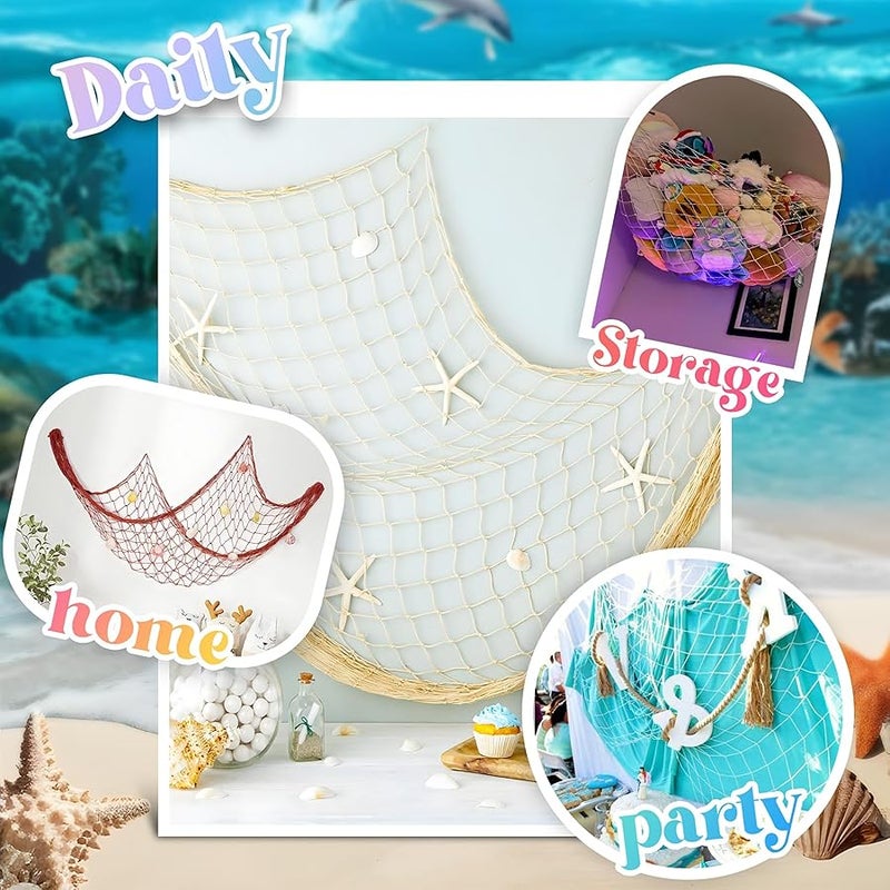 BWEALT 2 Pack Fish Net Decorations for Party,Natural Cotton Hawaiian Party Fishing Net Decorative, Nautical Themed Cotton Fishnet Under The Sea Pirate Party Ocean Beach Decor - Image 4