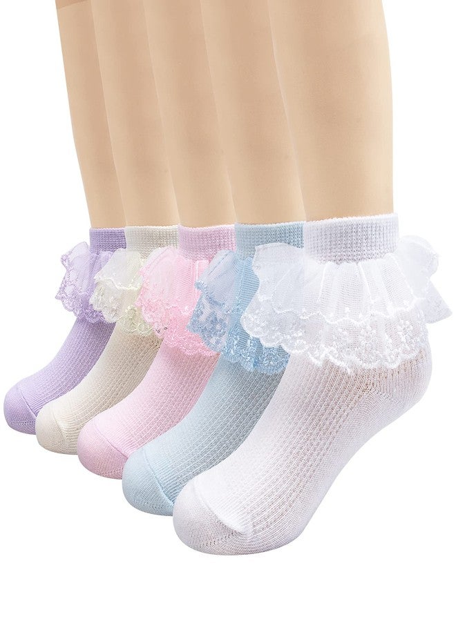 Looching 4/5/6 Pack Baby Toddler Girls Ruffle Socks White Princess Eyelet Frilly Lace Ankle Cotton Dress Socks for Little/Big Kids - Image 1