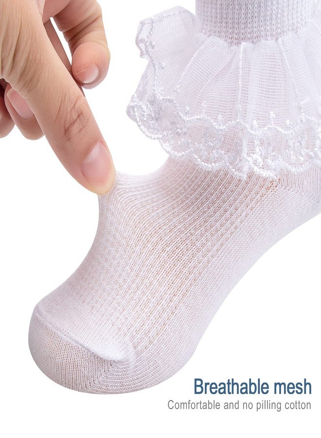 Looching 4/5/6 Pack Baby Toddler Girls Ruffle Socks White Princess Eyelet Frilly Lace Ankle Cotton Dress Socks for Little/Big Kids - Image 4