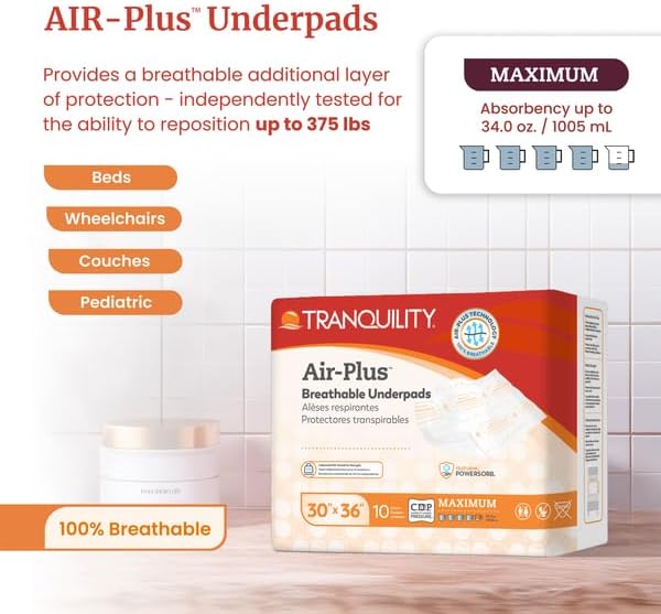 Tranquility AIRPlus Breathable Underpads 30x36 Incontinence Pads with Ultimate Air Circulation PowerSorb Design to Lockin Fluids Ideal for LowAirLoss Bed Systems 10ct Bag - Image 2