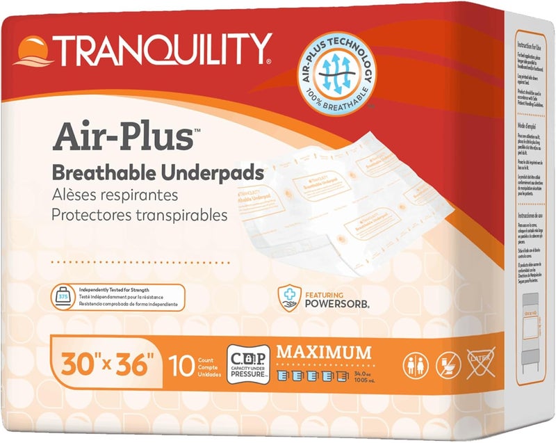 Tranquility AIRPlus Breathable Underpads 30x36 Incontinence Pads with Ultimate Air Circulation PowerSorb Design to Lockin Fluids Ideal for LowAirLoss Bed Systems 10ct Bag - Image 1