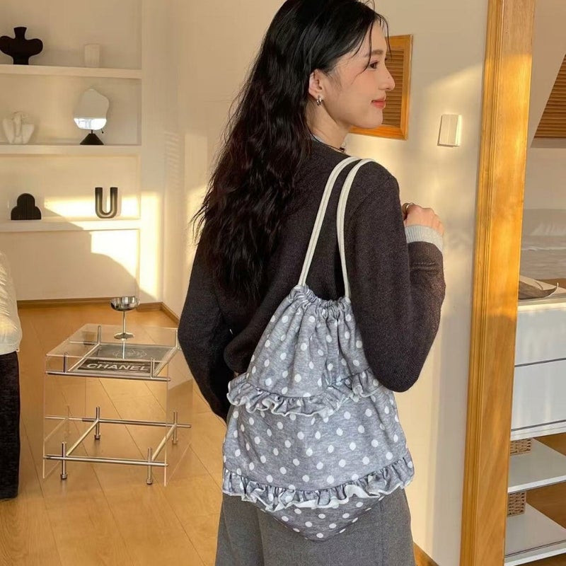 2025 Autumn Ruffle Polka Dot Casual Drawstring Backpack Large Capacity Pleated Trim Women's Backpack - Image 3