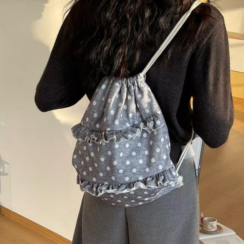 2025 Autumn Ruffle Polka Dot Casual Drawstring Backpack Large Capacity Pleated Trim Women's Backpack - Image 2