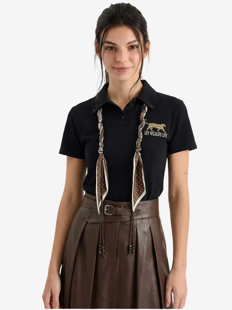 Bianco Lucci Black LUCCI Embroidered Text Print Polo Shirt for Women | Best Price UAE