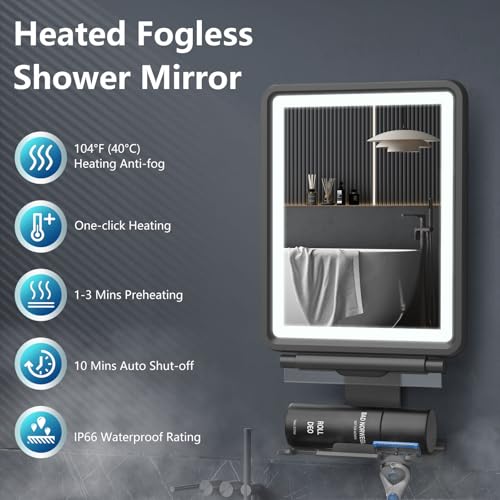 Shinowa Heated Shower Mirror Fogless for Shaving, 3 Colors Stepless Dimmable Lights Fogless Mirror for Shower, Rechargeable Anti Fog Shaving Mirror for Shower with Razor Holder for Men, Light Memory Function - Image 2