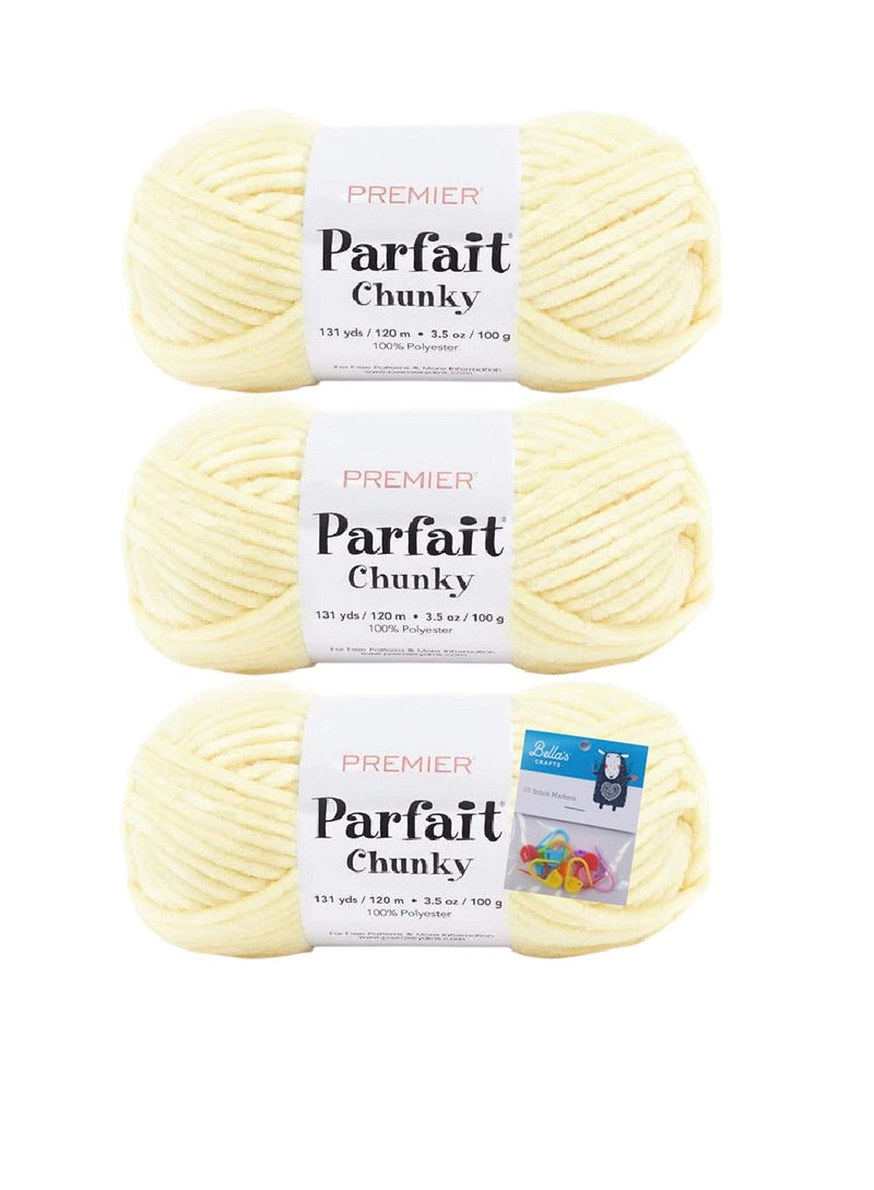 Bella's Crafts Premier Yarns Parfait Chunky Chenille Yarn 3.5 Oz 6 Super Bulky Weight 3 Pack Bundle with Bella's Crafts Stitch Markers (Yellow) - Image 1