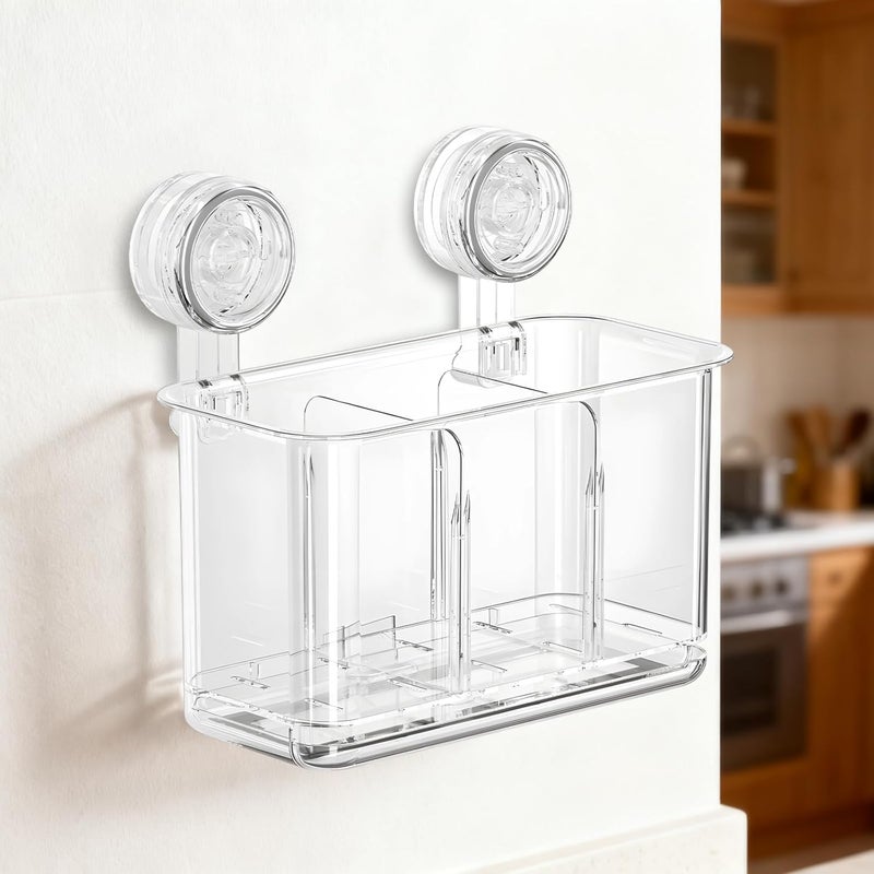 Cutlery Holder For Kitchen, Clear Suction Cup Wall Mounted, 8.1 In / 20.6 Cm Large With Dual Compartments, Utensil Organizer, No Drilling Space Saving Chopstick Box - Image 3