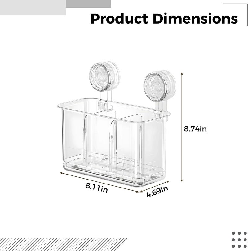 Cutlery Holder For Kitchen, Clear Suction Cup Wall Mounted, 8.1 In / 20.6 Cm Large With Dual Compartments, Utensil Organizer, No Drilling Space Saving Chopstick Box - Image 2
