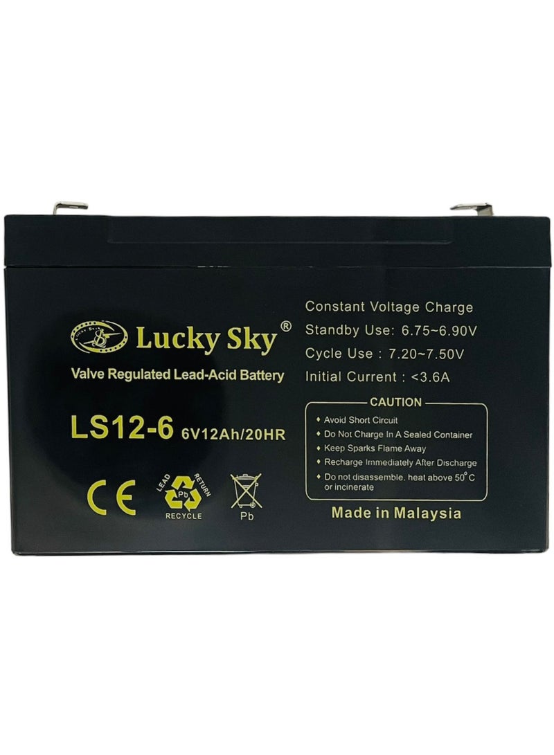 Lucky Sky 6V 12Ah High-Performance Rechargeable Sealed Lead Acid Battery is a reliable and long-lasting power source for a wide range of applications. - Image 1