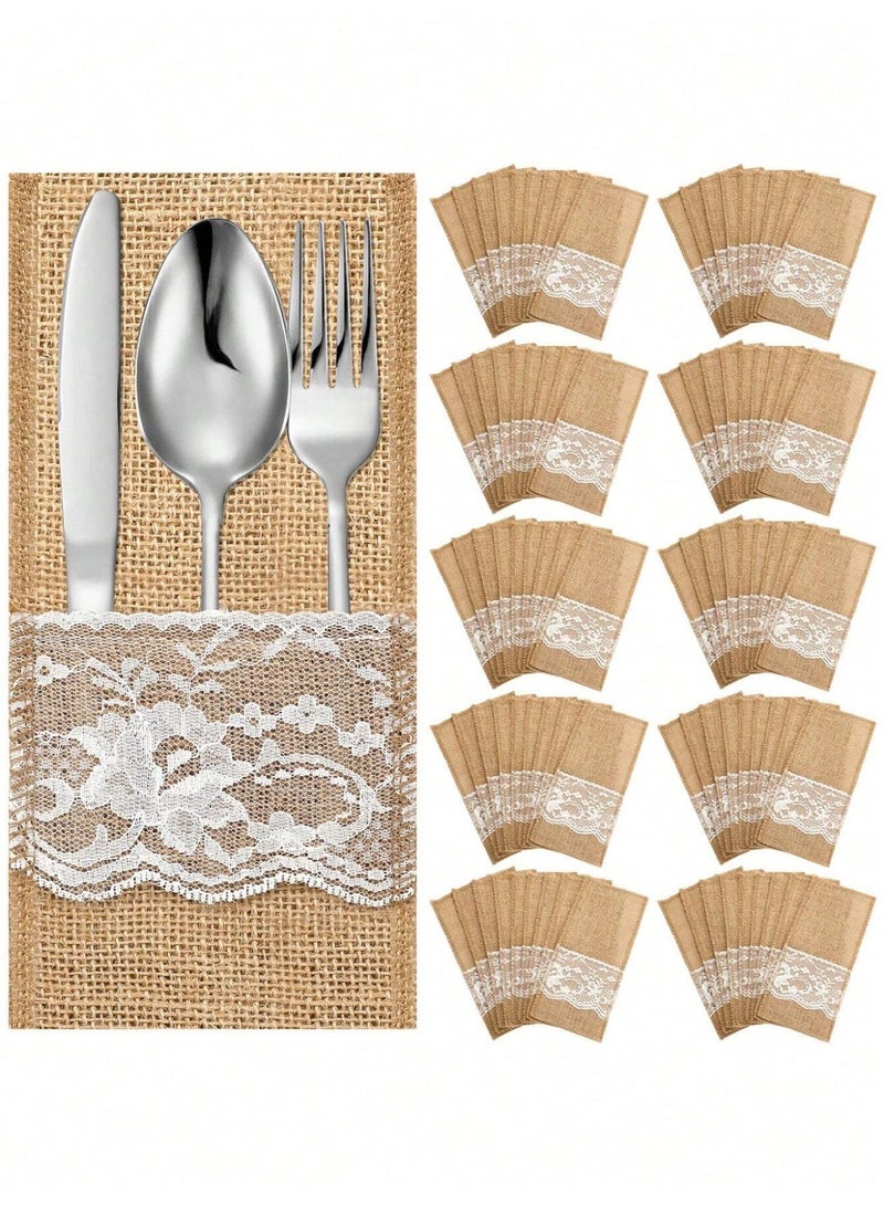 Rustic Linen And Lace Cutlery Holder – Elegant Tableware Pocket For Dining Table Decoration And Party Hosting-5 Pcs - Image 1