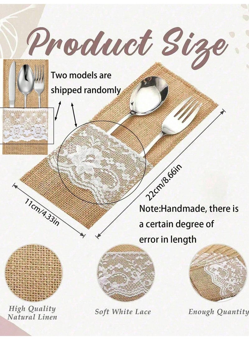 Rustic Linen And Lace Cutlery Holder – Elegant Tableware Pocket For Dining Table Decoration And Party Hosting-5 Pcs - Image 4