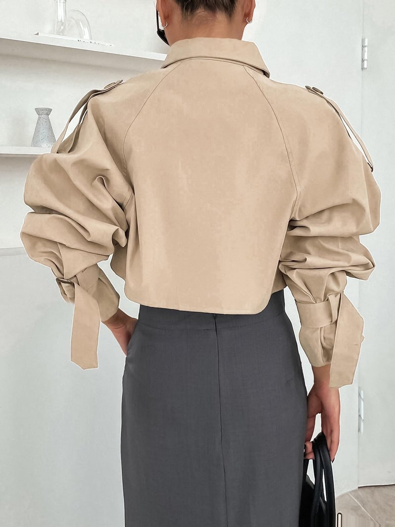 Kedera Women's Cropped Trench Coat Long Sleeve Casual Jacket Classic Double-Breasted Lapel Overcoat Fashion Outerwear - Image 2